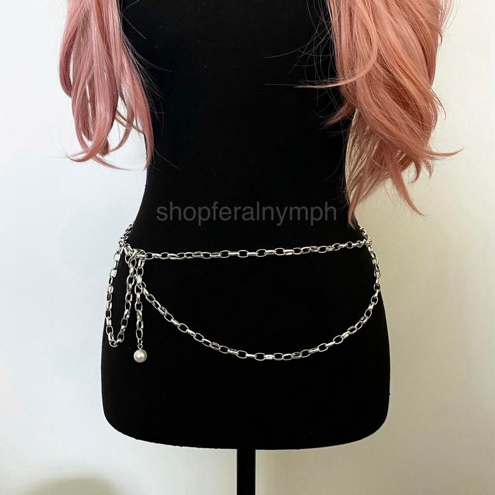 Silver Y2K Pearl Layered Draped Link Chain Belt, Fits 13.5-40.5 Inches, X7GA1283 - Picture 6 of 7